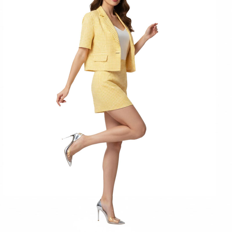 Women Yellow Plaid Skirt And Blazer