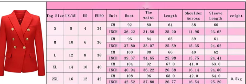 Plaid Blazer Women Size Chart