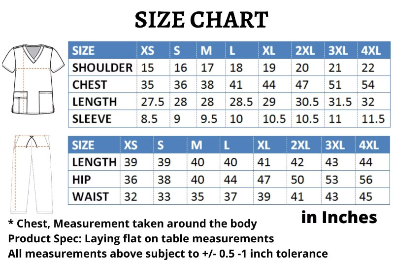 x-033 Light Pink Scrubs Size Chart