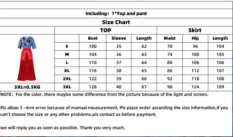 African Women's Outfits Size Chart