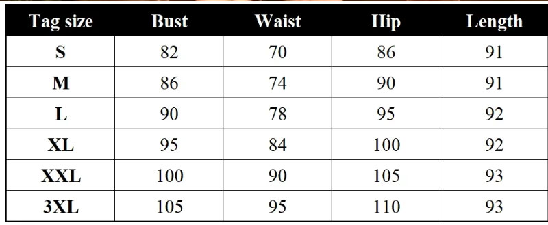 x-062 Twerking Dress Size Chart